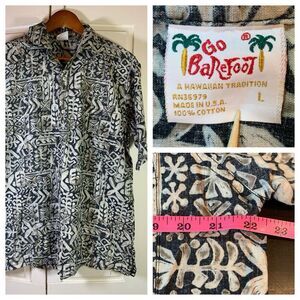Go Barefoot‎ Vintage Hawaiian Aloha Shirt Mens Large Made USA Tribal Tattoo Art